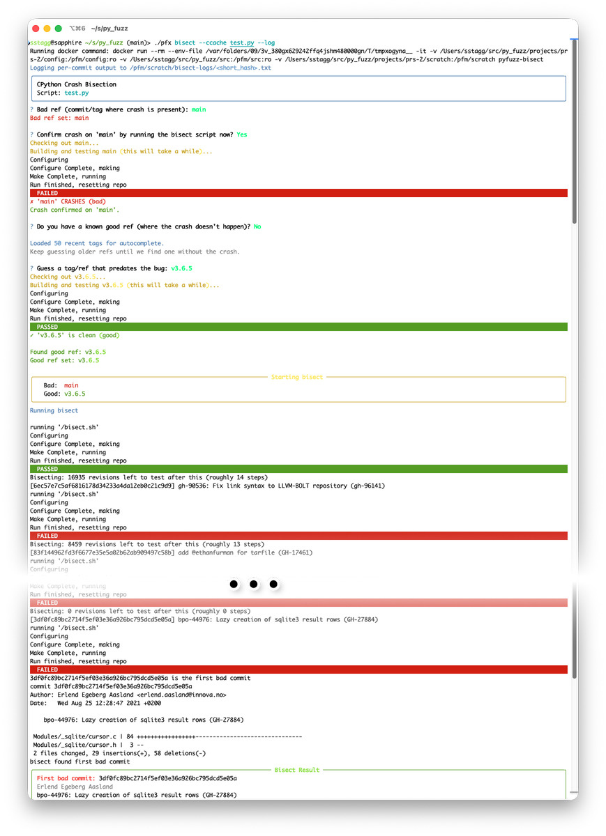 Screenshot of bisecting a crash