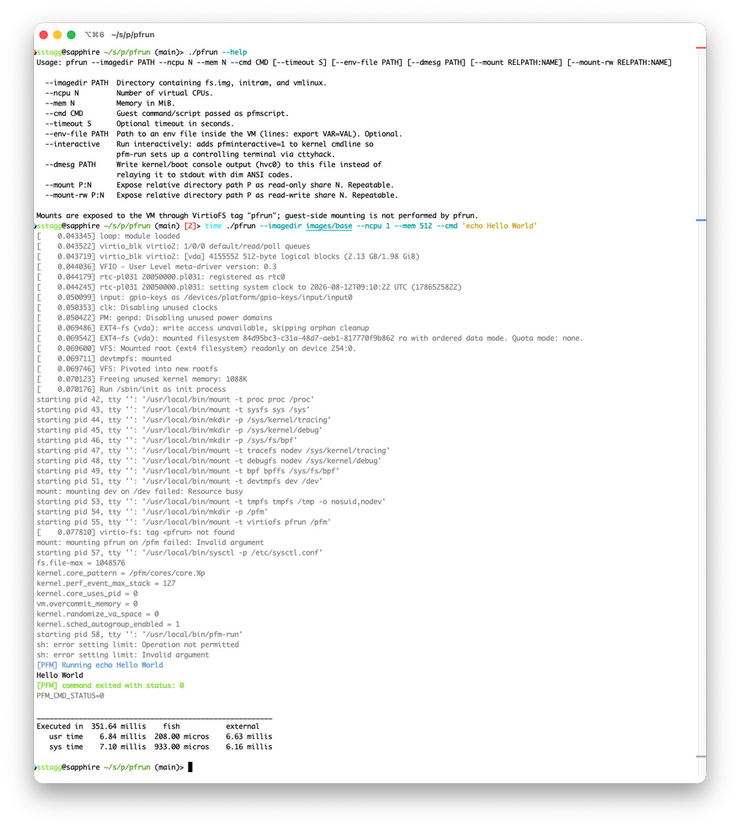 screenshot of pfrun running a hello world